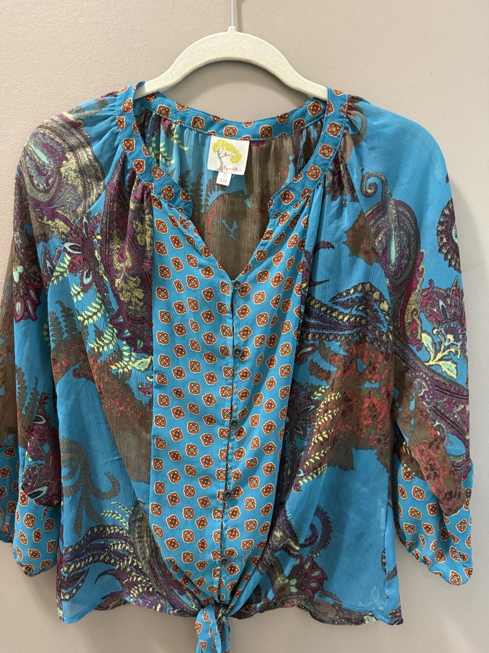 Fig & Flower Patchwork Sheer Blouse Women's Size S Tie Front Boho